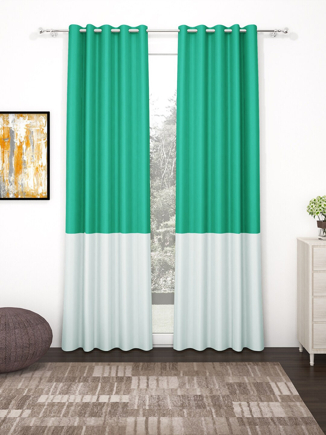 Story@home Silver-Toned & Green Set of 2 Colourblocked Black Out Door Curtain