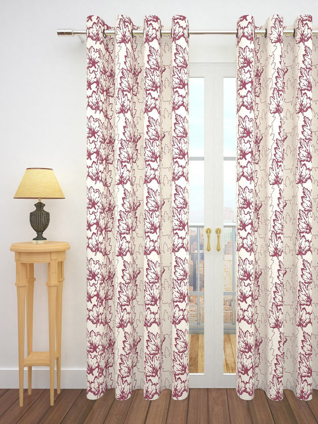 Story@home Maroon & Off-White Floral Jacquard  Door Curtain