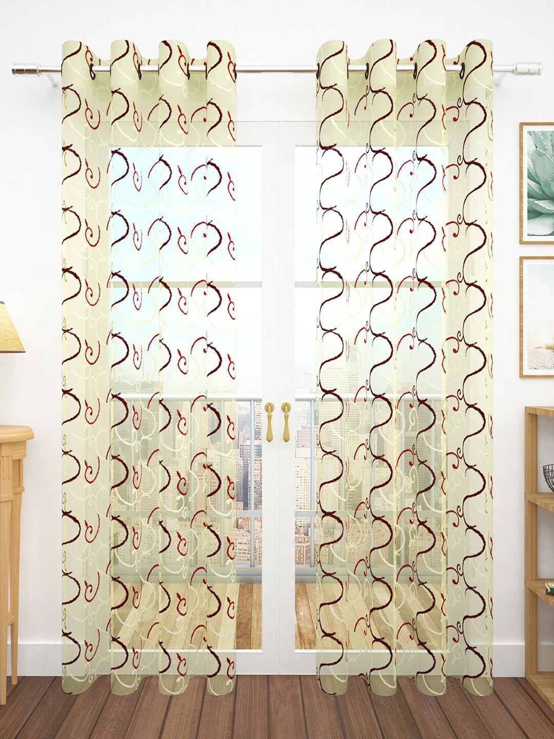 Story@home Yellow & Maroon Embroidered Tissue Sheer Voile Set of 2 Sheer Door Curtain