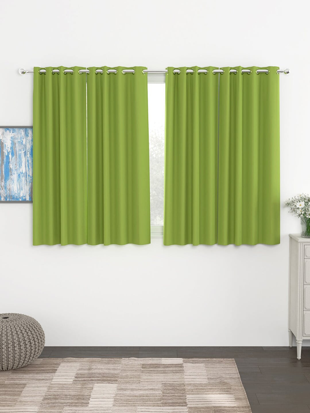 Story@home Green Set of 4 Black Out Silk Window Curtains