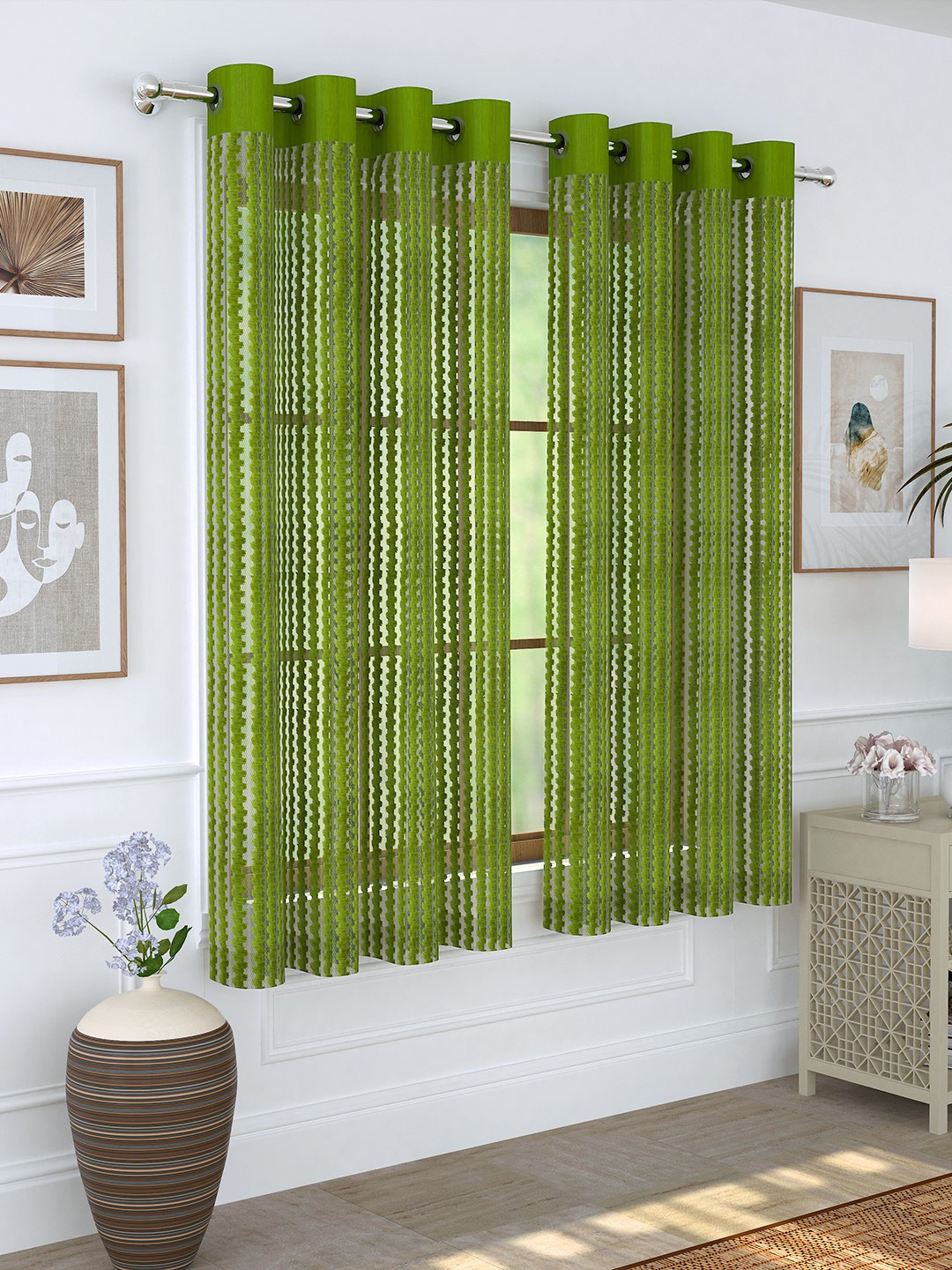 Story@home Pack Of 2 Olive Sheer Window Curtains