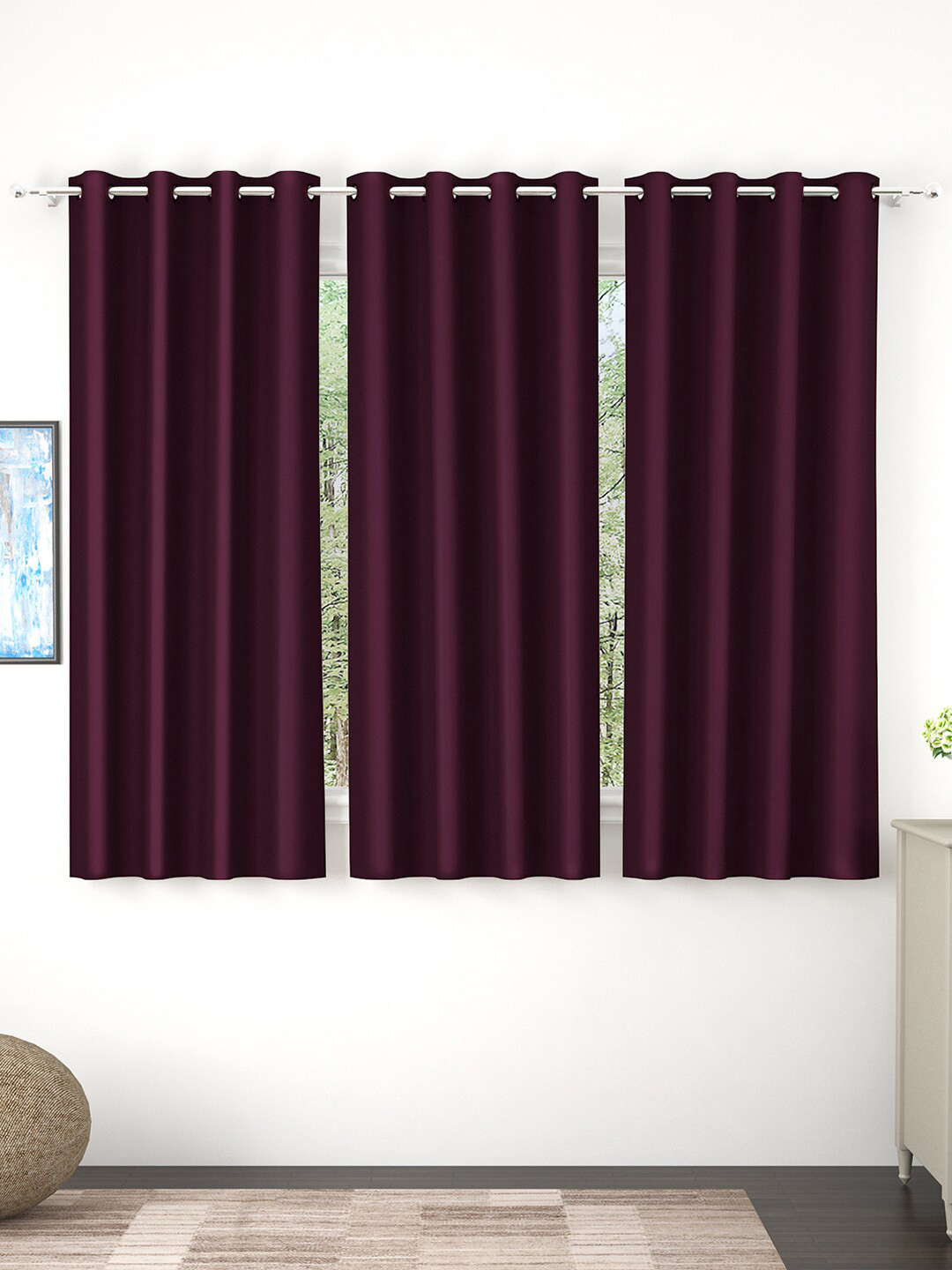 Story@home Purple Set of 3 Black Out Silk Window Curtains
