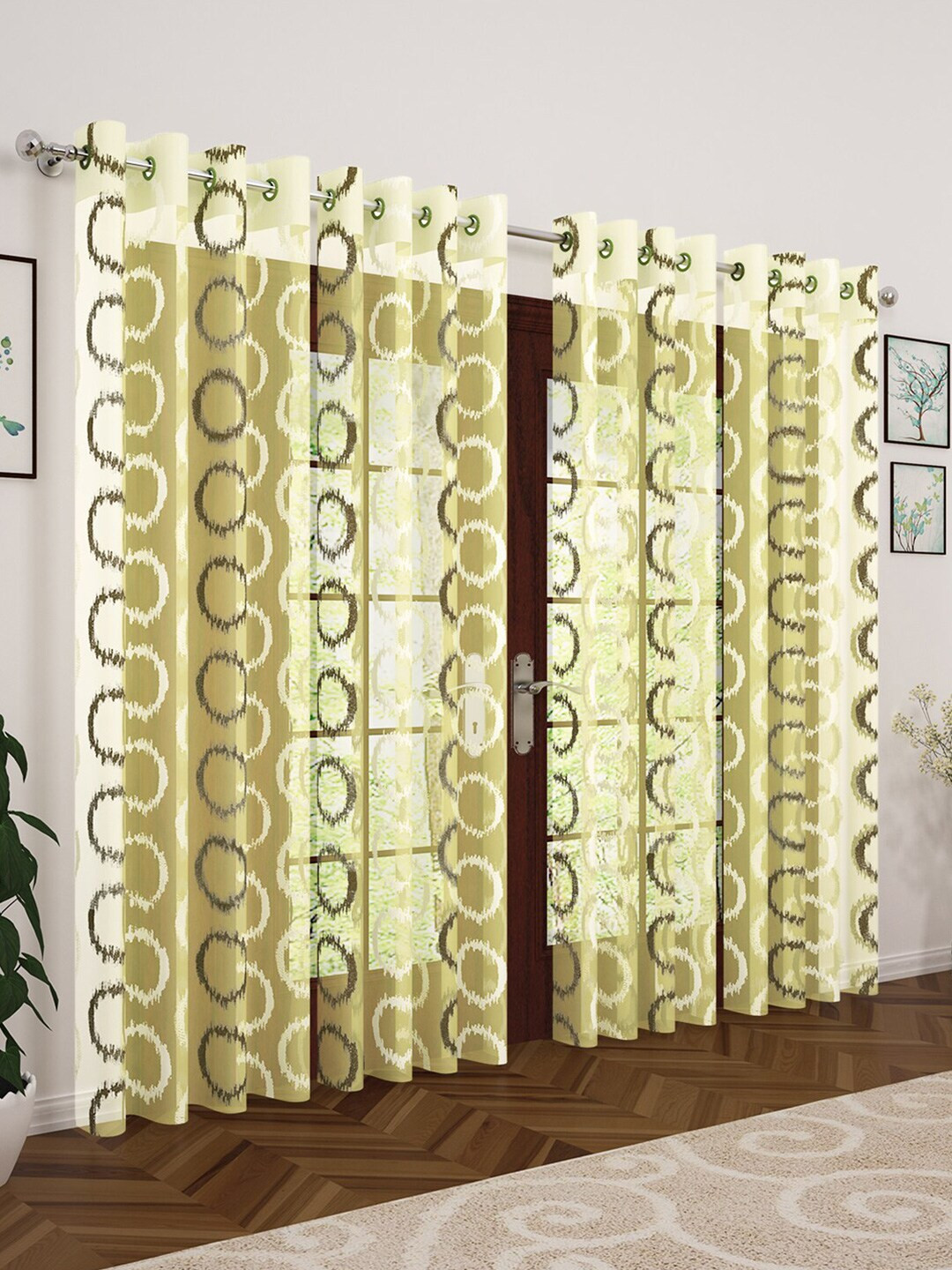 Story@home Olive Green & Cream-Coloured Set of 4 Geometric Sheer Door Curtain