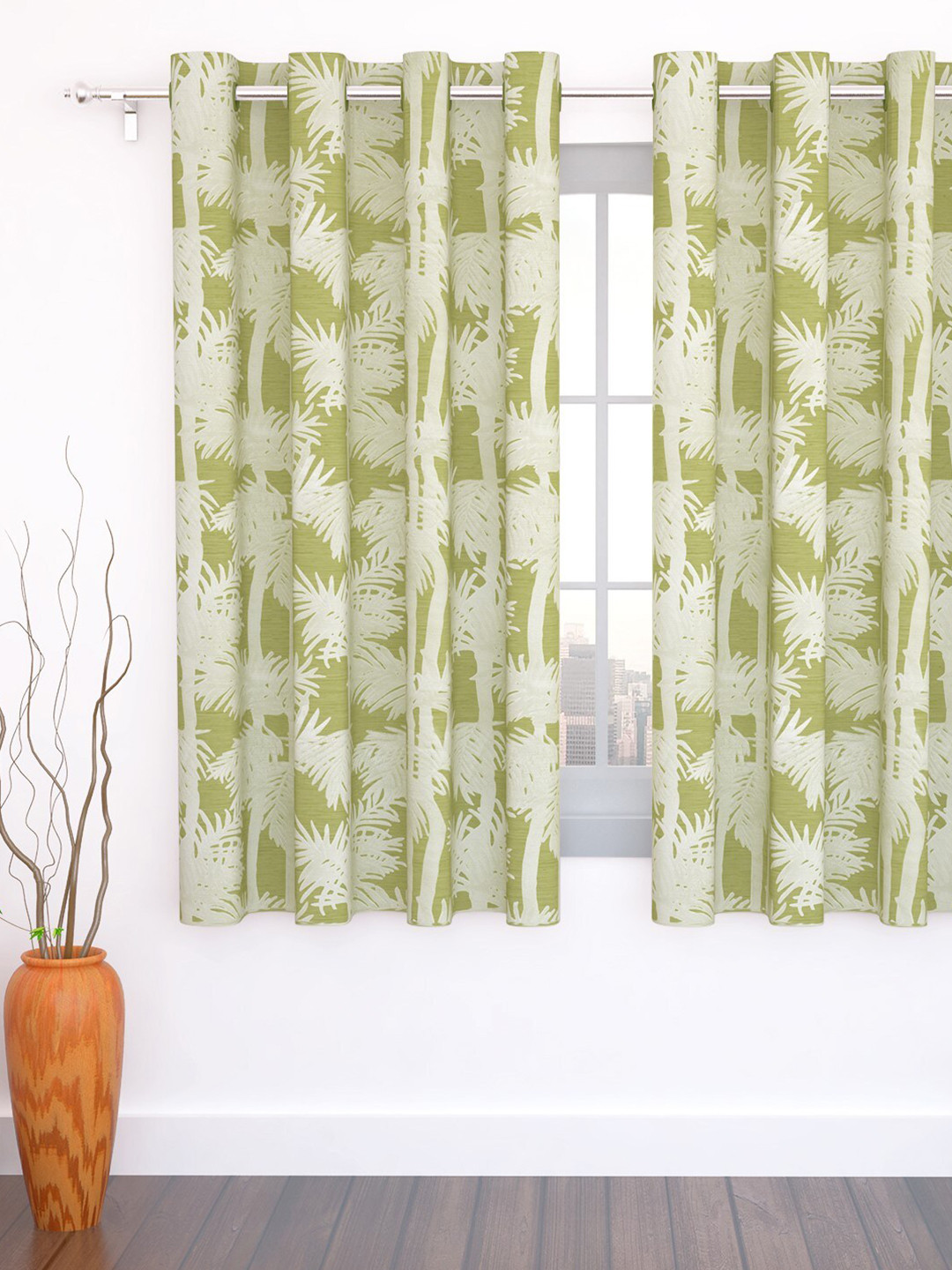 Story@home Lime Green & Off White Floral Jacquard Black Out Window Curtain