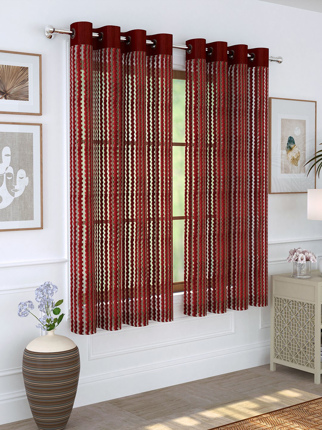 Story@home Maroon Self Design Set of 2 Sheer Window Curtain