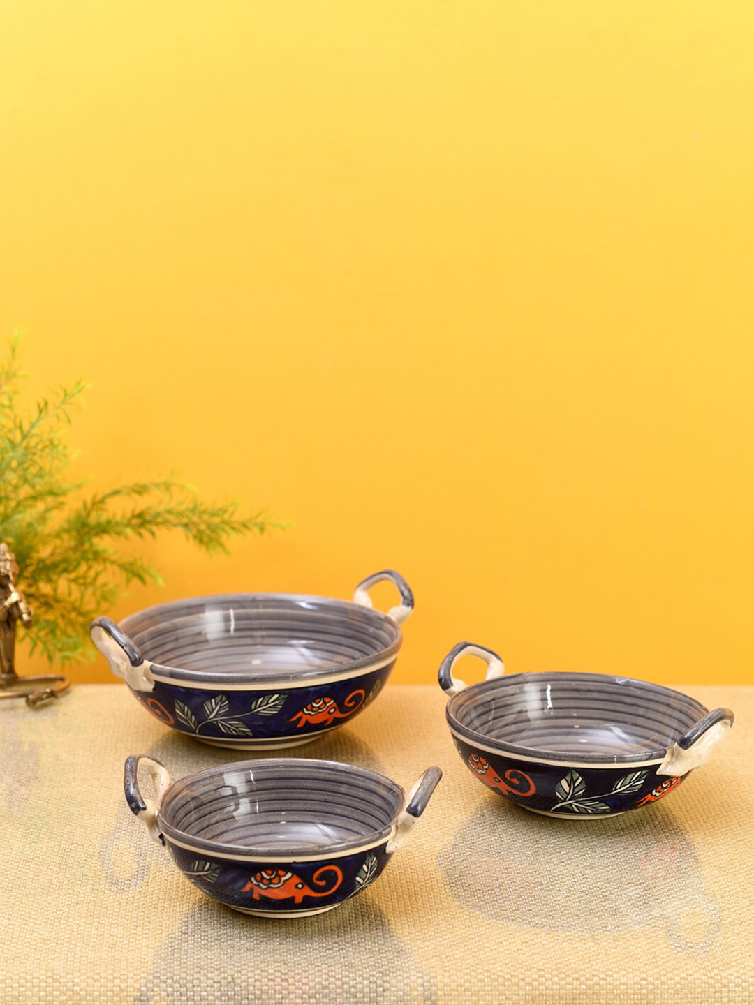 AAKRITI ART CREATIONS Set Of 3 Blue & Orange Morning Tuskers Serving Kadai