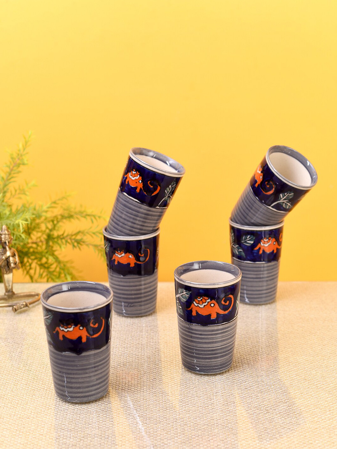 AAKRITI ART CREATIONS Embossed Blue Animal Print Ceramic Microwave Safe 6 Piece Kulladhs-181ml