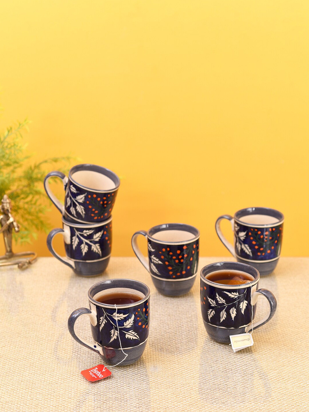 AAKRITI ART CREATIONS Delta Blue Floral Ceramic Microwave Safe 6 Piece Mug-350ml