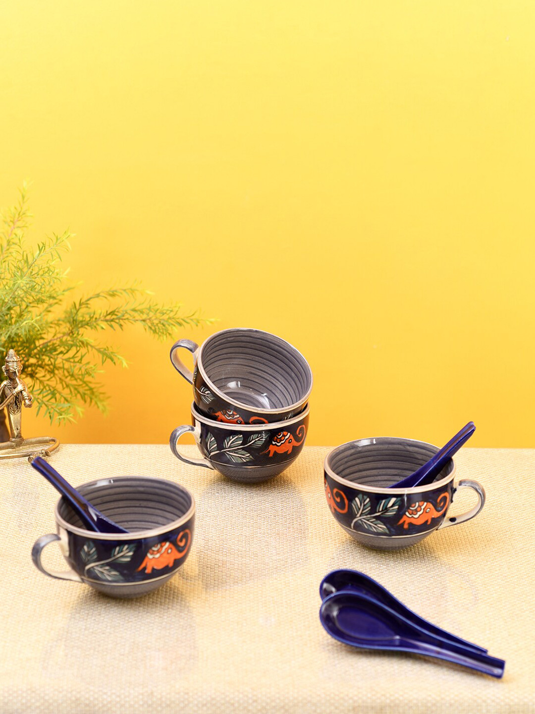 AAKRITI ART CREATIONS Blue & Orange Printed Ceramic Glossy Cups and Saucers Set of Cups and Mugs