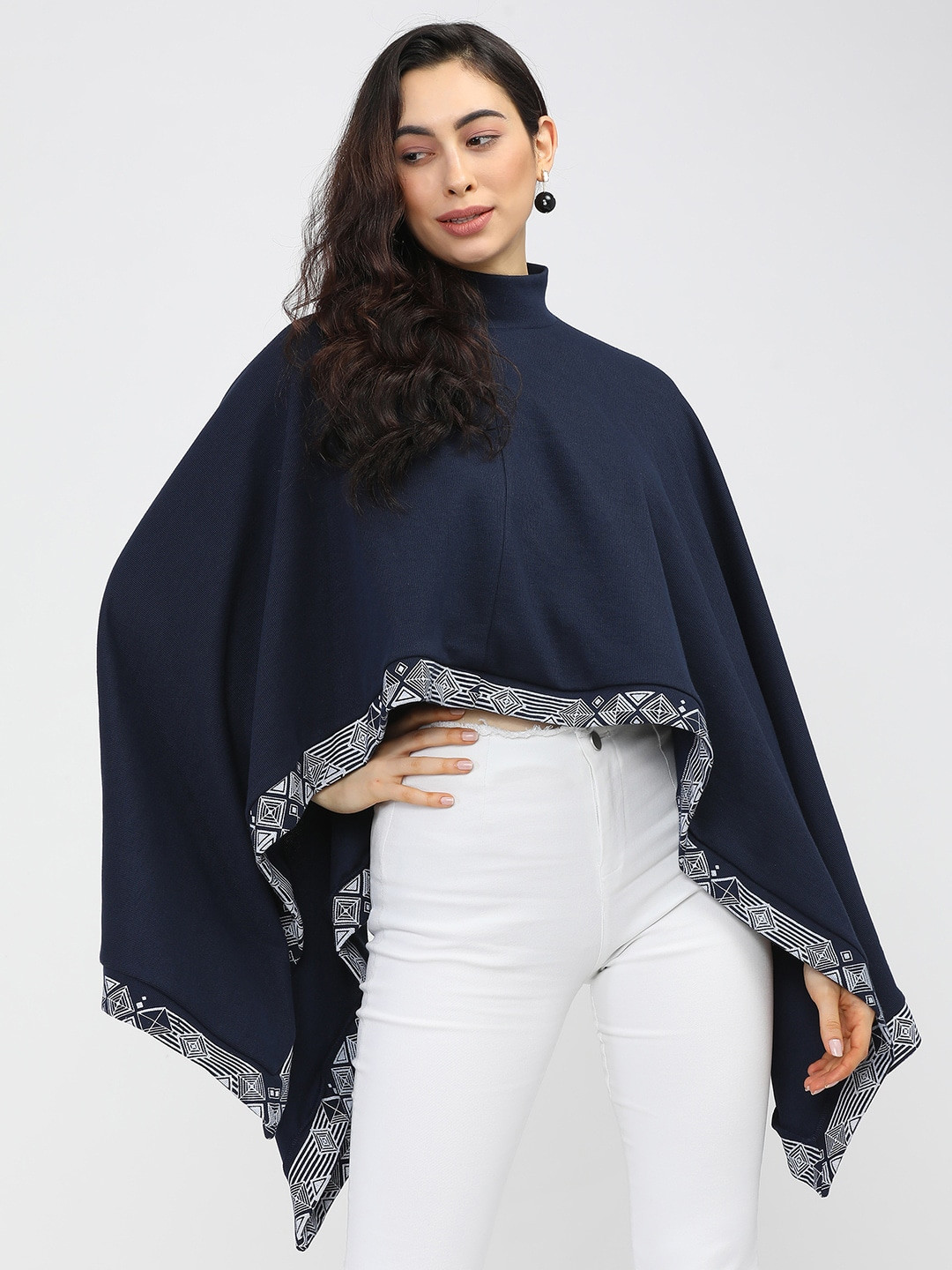 Vishudh Women Navy Blue & White Solid High Neck Cape Top