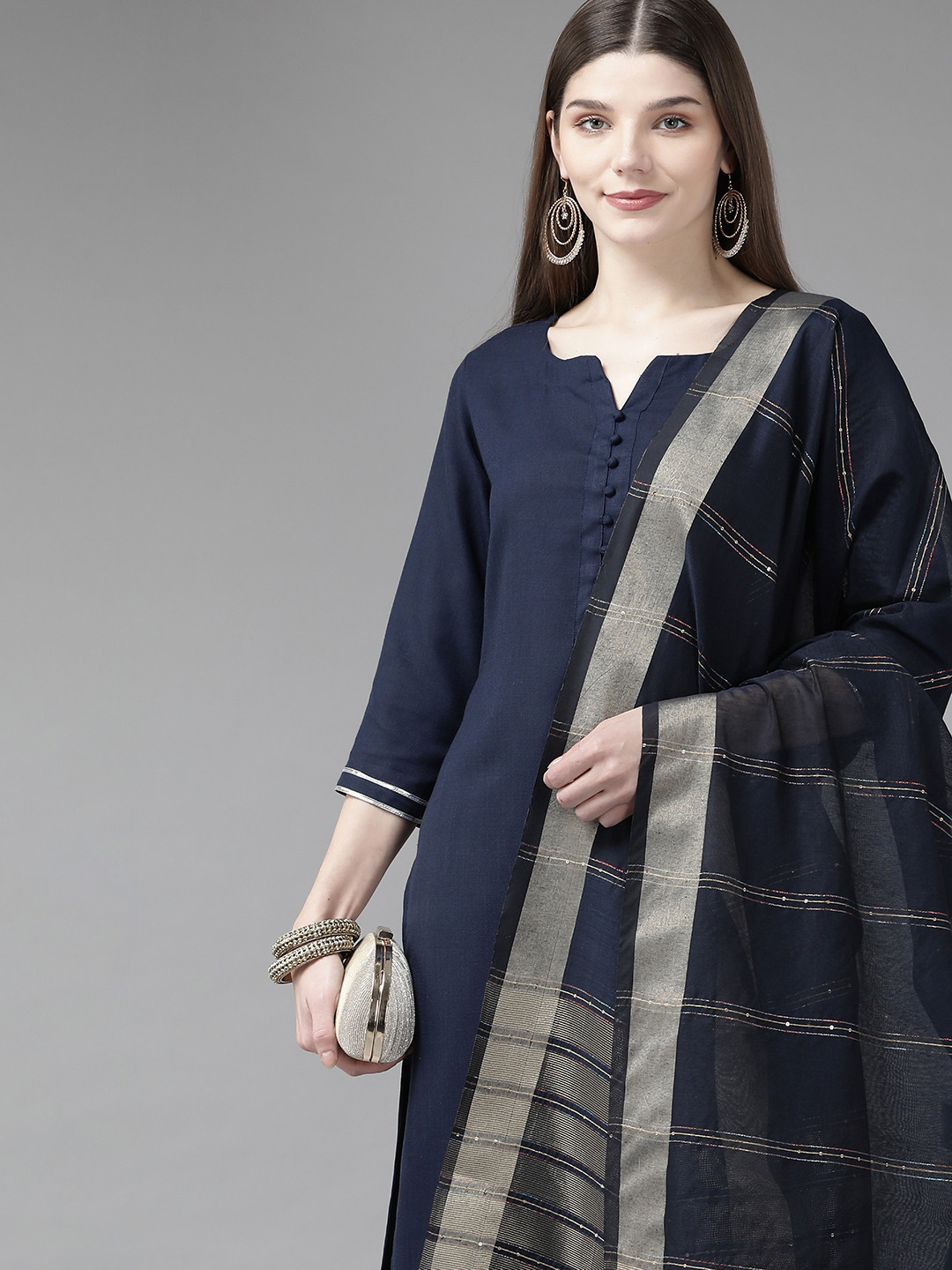 Indo Era Women Navy Blue Kurta with Palazzos & With Dupatta