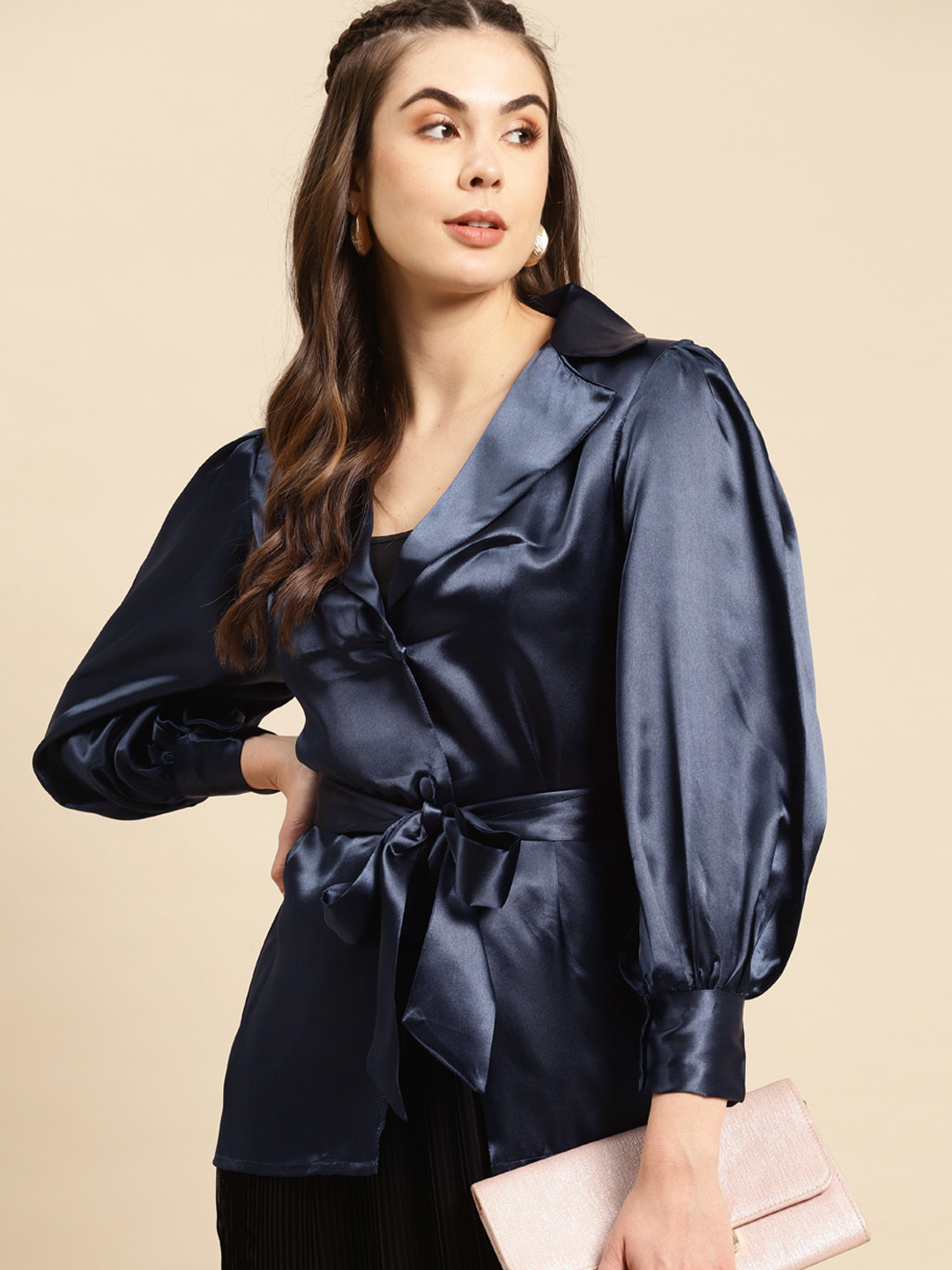 MABISH by Sonal Jain Navy Blue Satin Finish Shirt Style Top with Belt