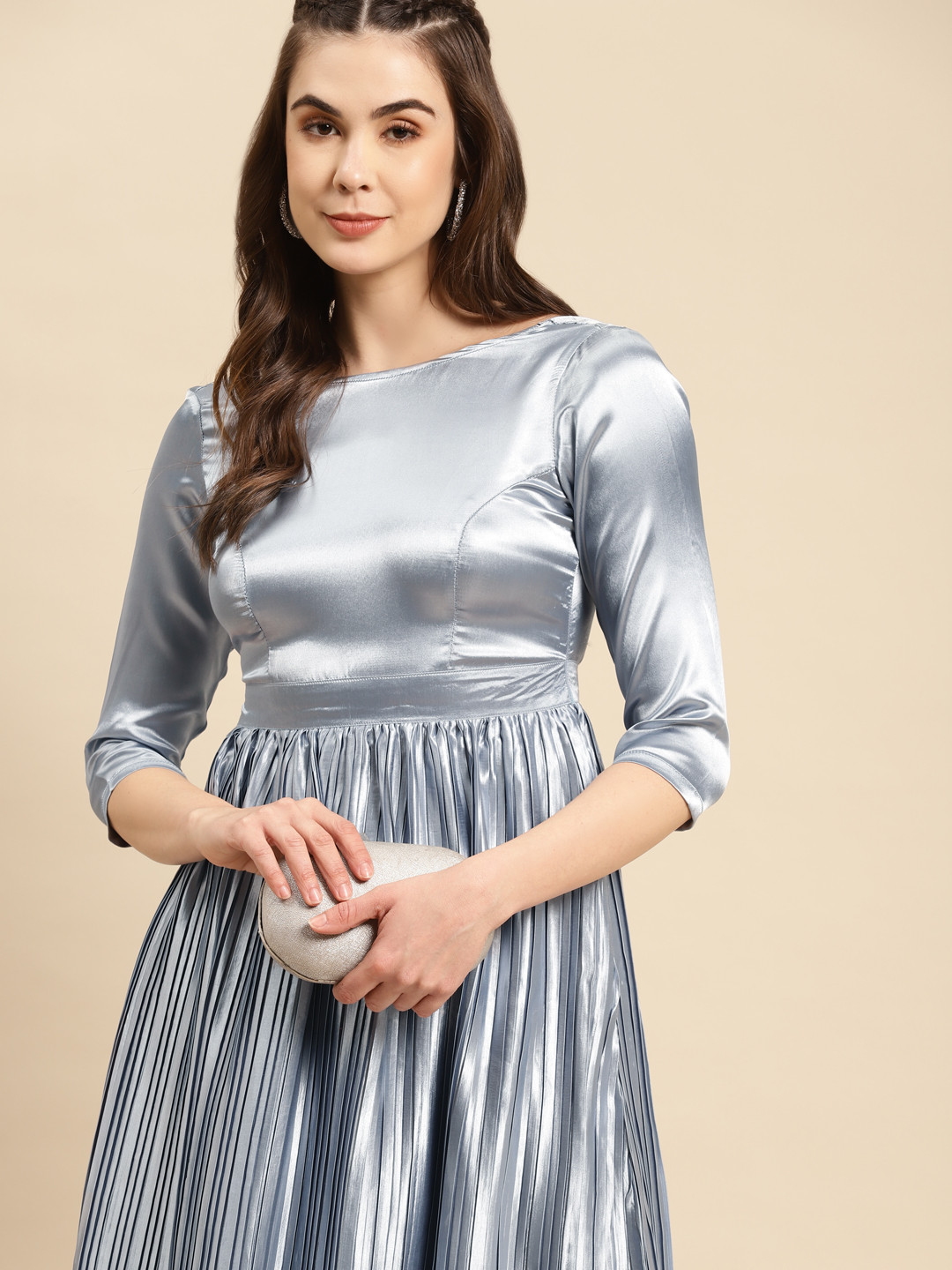 MABISH by Sonal Jain Blue Satin Finish Accordion Pleats Deep Back A-Line Dress