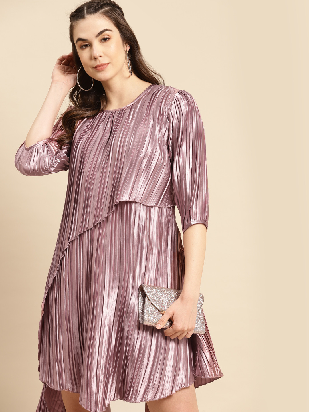 MABISH by Sonal Jain Mauve Satin Finish Accordion Pleats Overlap A-Line Dress