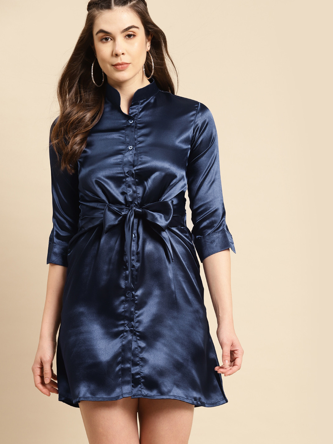 MABISH by Sonal Jain Navy Blue Satin Finish Front Knot Shirt Dress