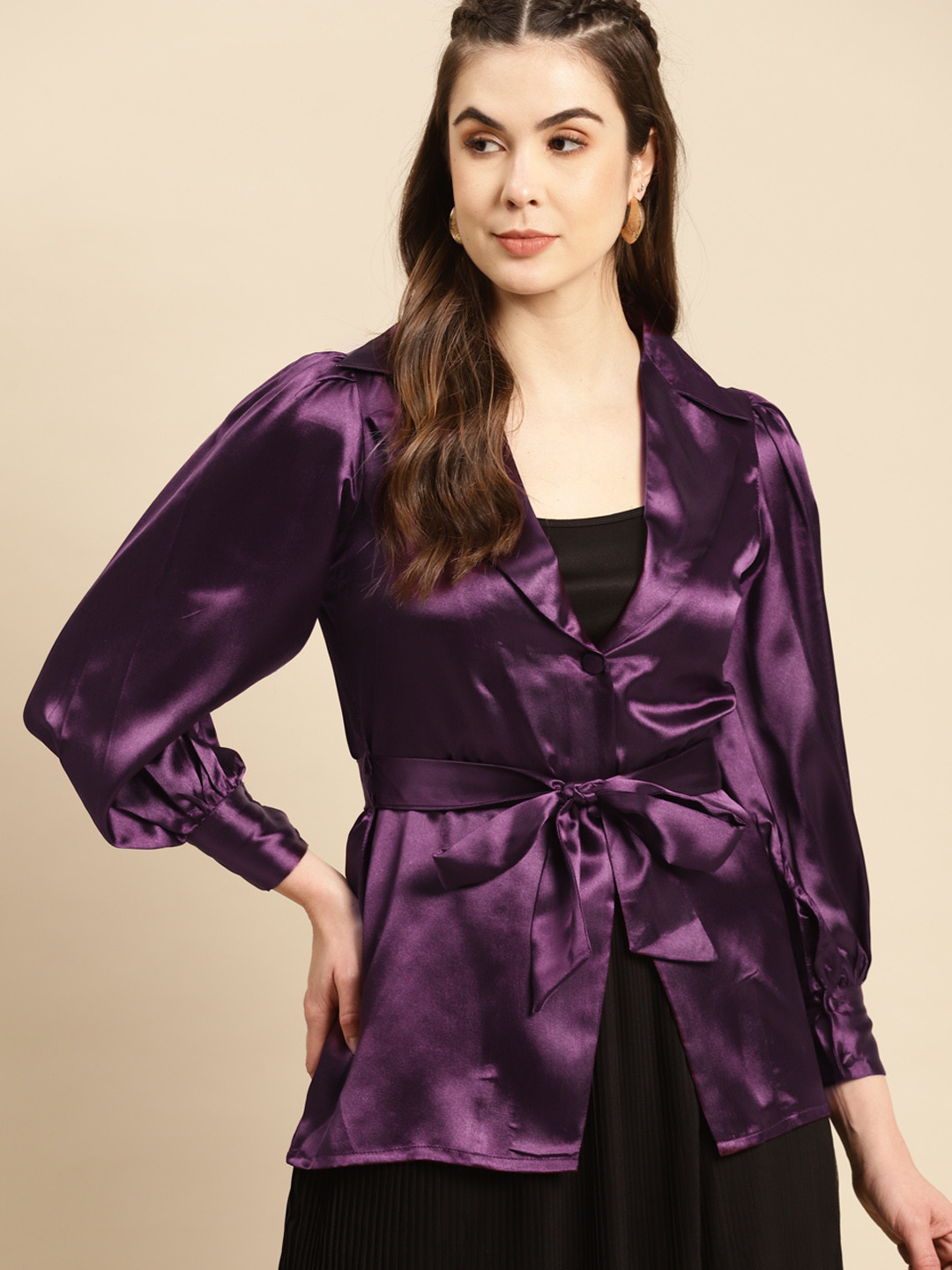 MABISH by Sonal Jain Purple Satin Finish Shirt Style Top with Belt