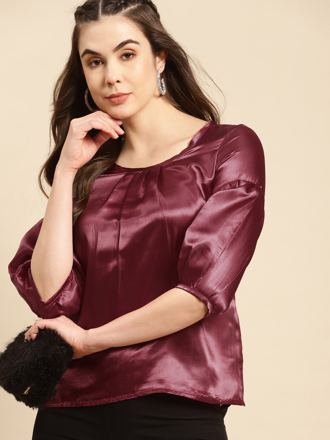 MABISH by Sonal Jain Maroon Satin Finish Top