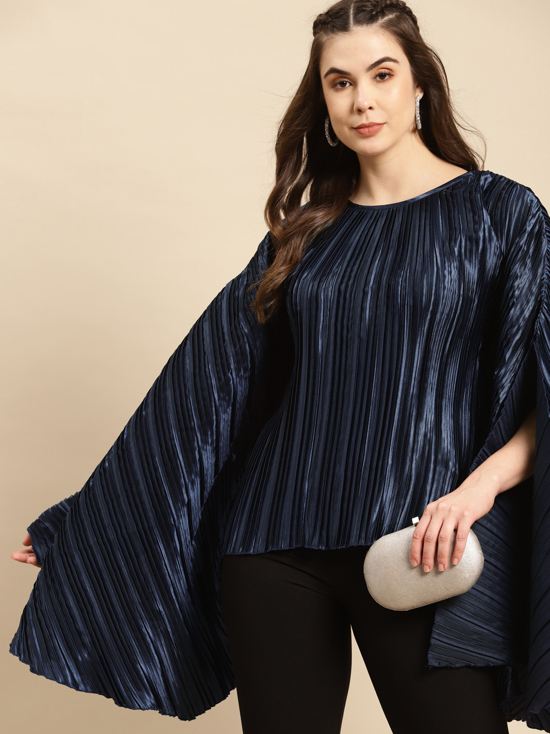 MABISH by Sonal Jain Navy Blue Satin Finish Accordion Pleats Kaftan Top