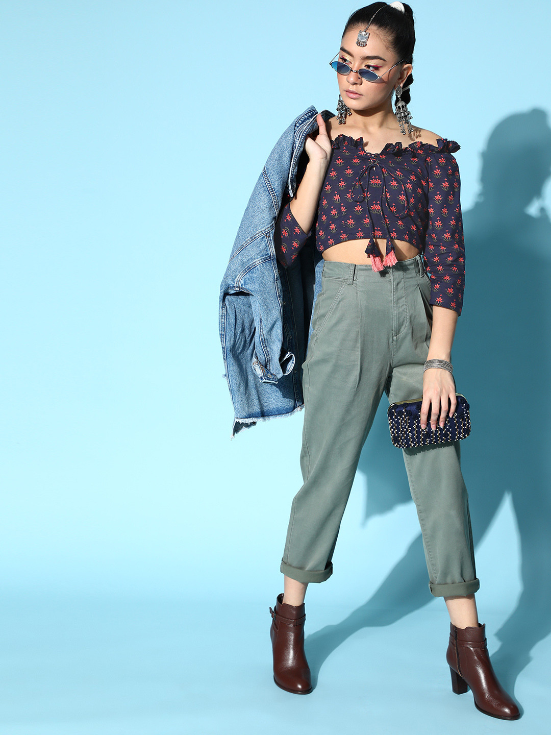 Indo Era Women Stylish Black Floral Bardot Top