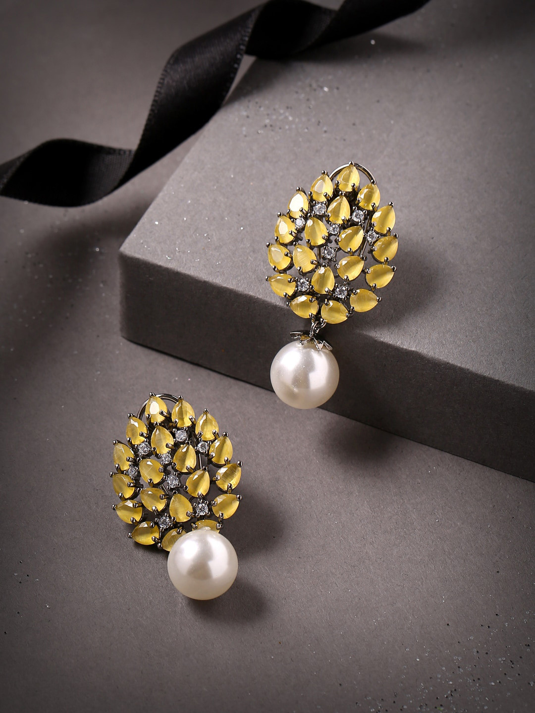 THE AAB STUDIO Silver-Toned & White Oval Drop Earrings