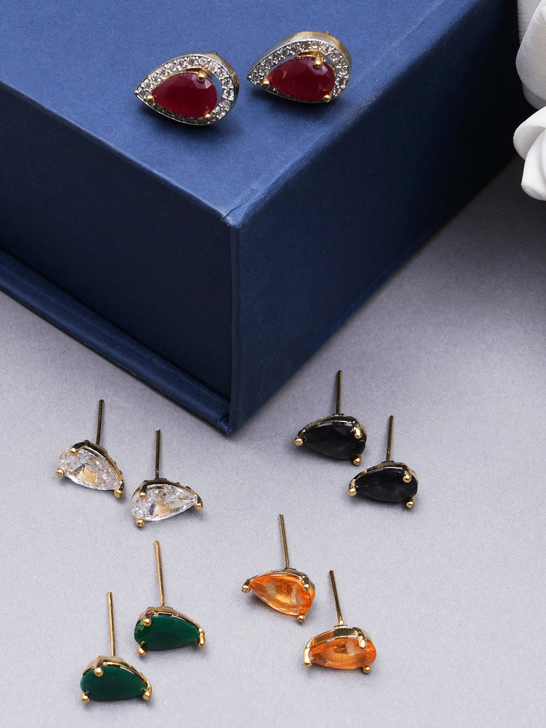 KARATCART Woman Set of 5 Multicoloured Teardrop Shaped Changeble Stone Studs Earrings