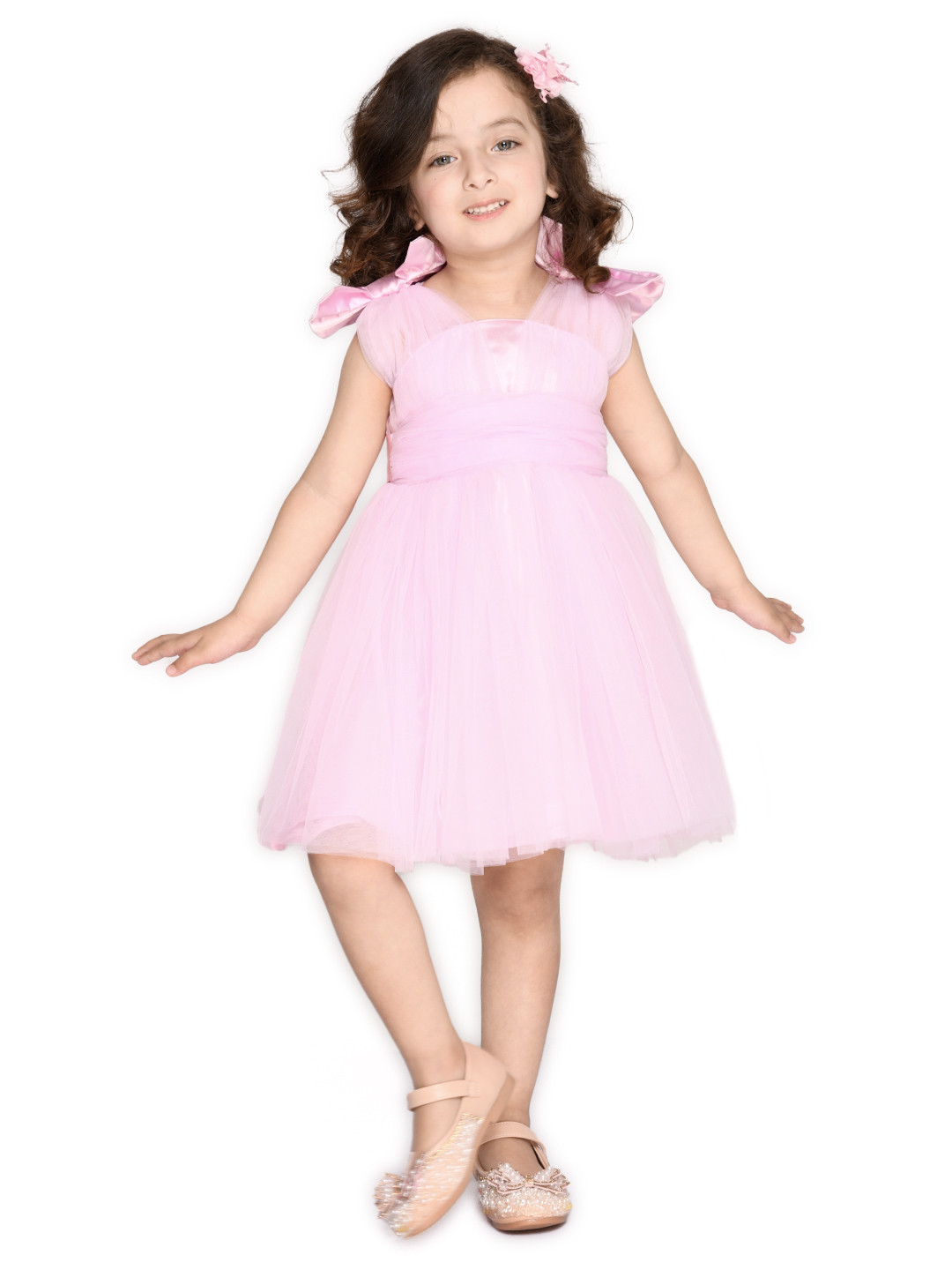 SAKA DESIGNS Pink Net Dress with Bow Detail