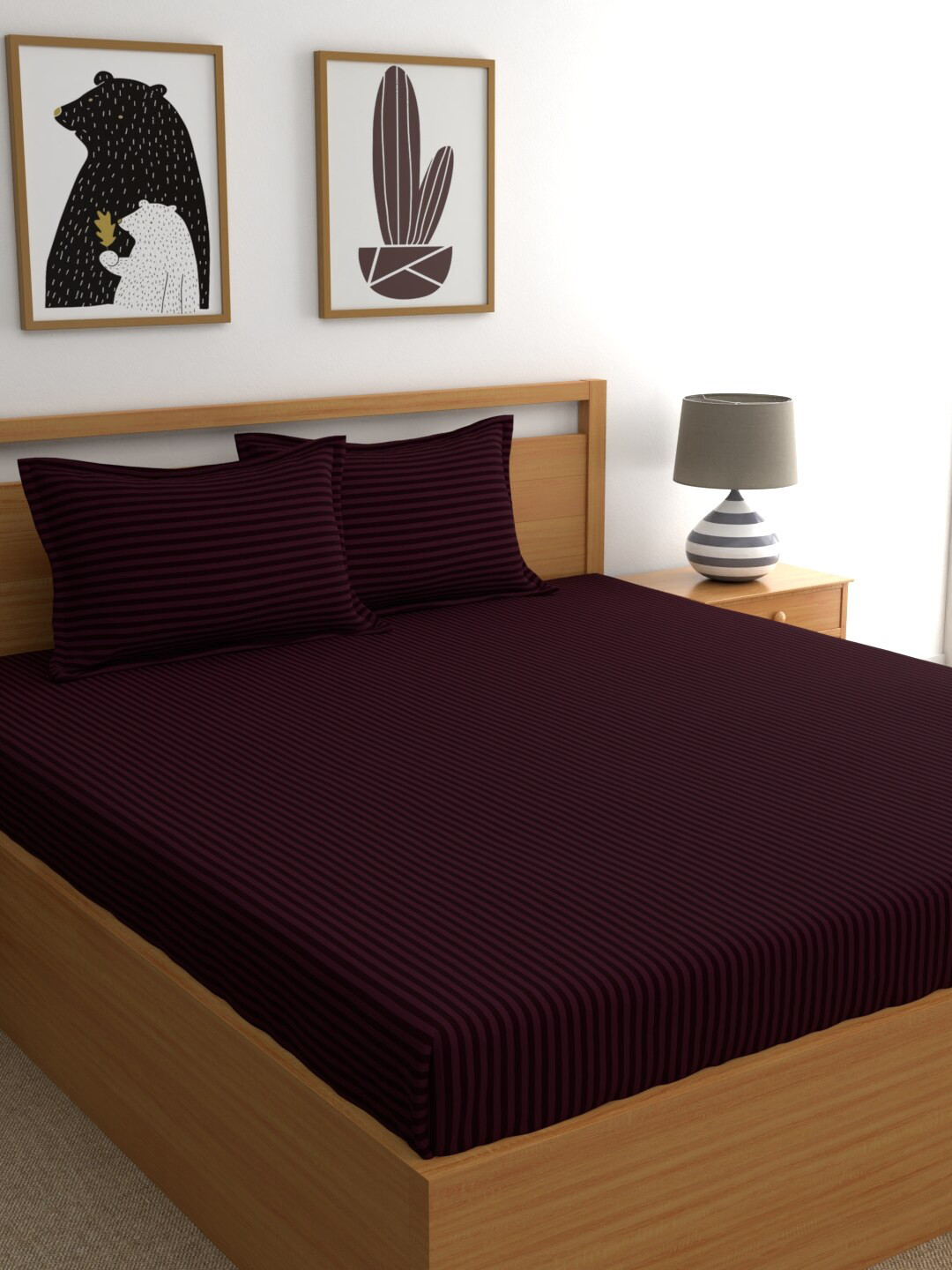 My Room Purple Striped 300 TC Queen Bedsheet with 2 Pillow Covers