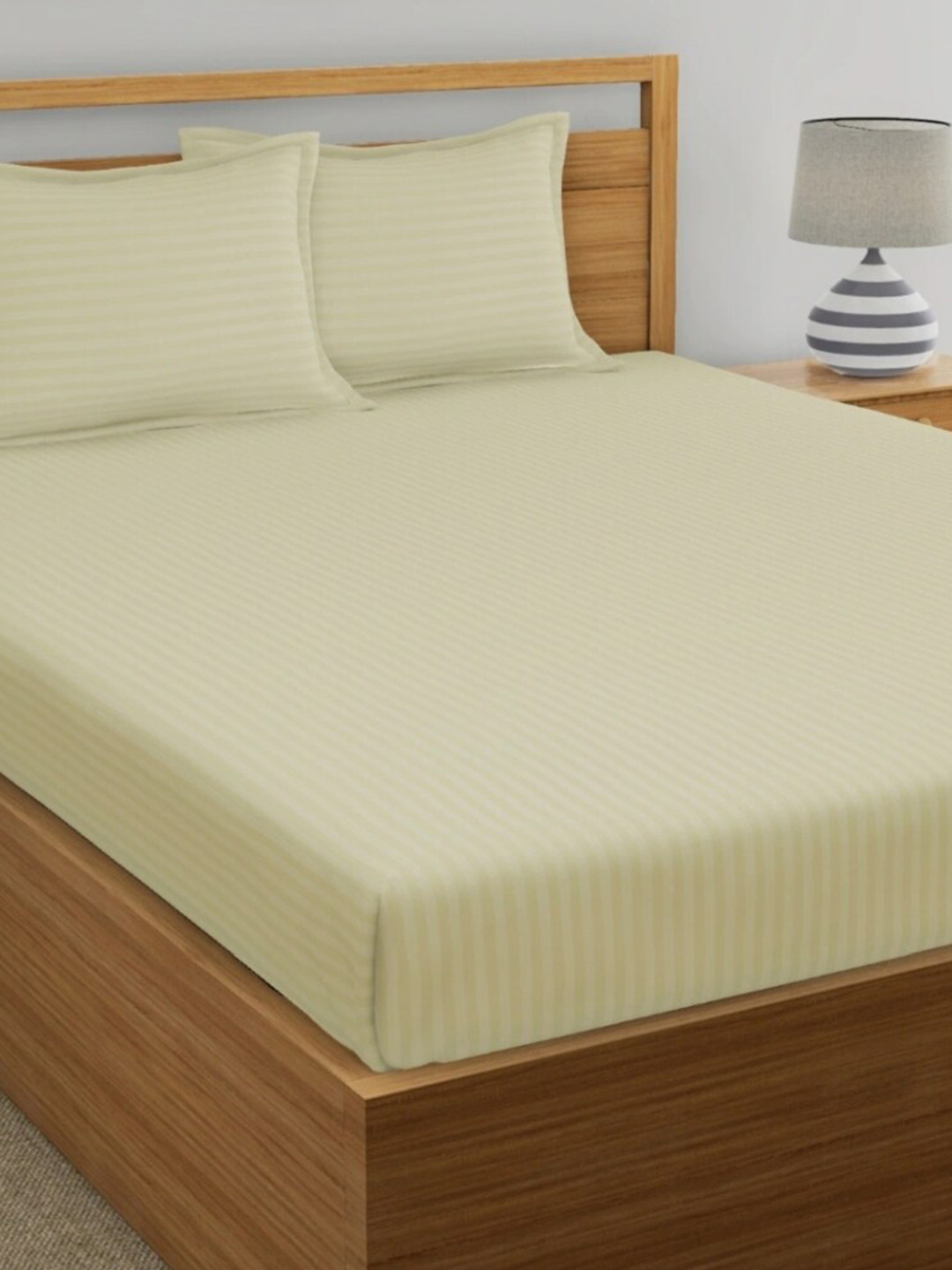 My Room Cream-Coloured Striped 300 TC Queen Bedsheet with 2 Pillow Covers