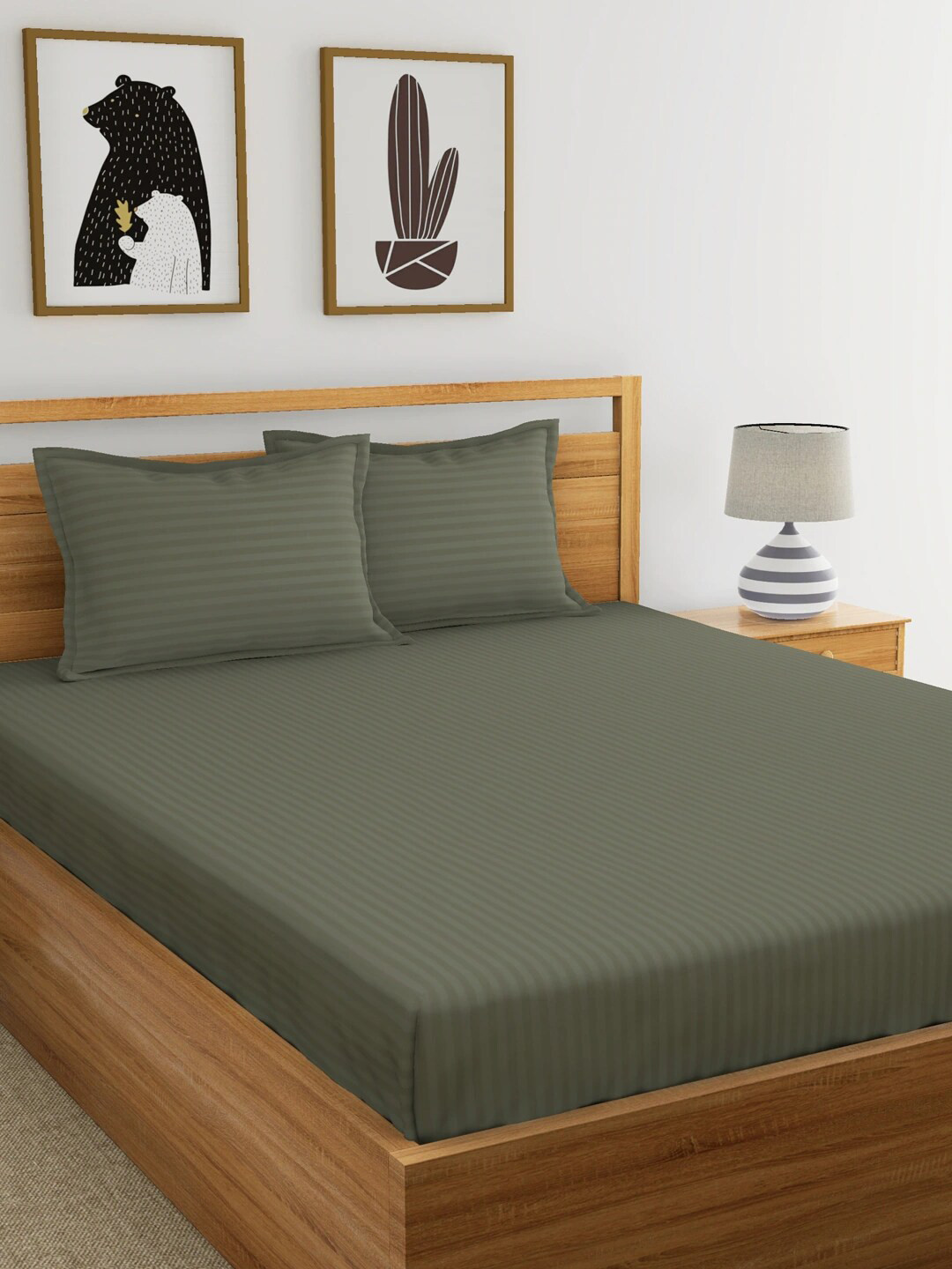 My Room Olive Striped Pure Cotton 300 TC Fitted King Fine Bedsheet with 2 Pillow Covers-72 x 78 inches