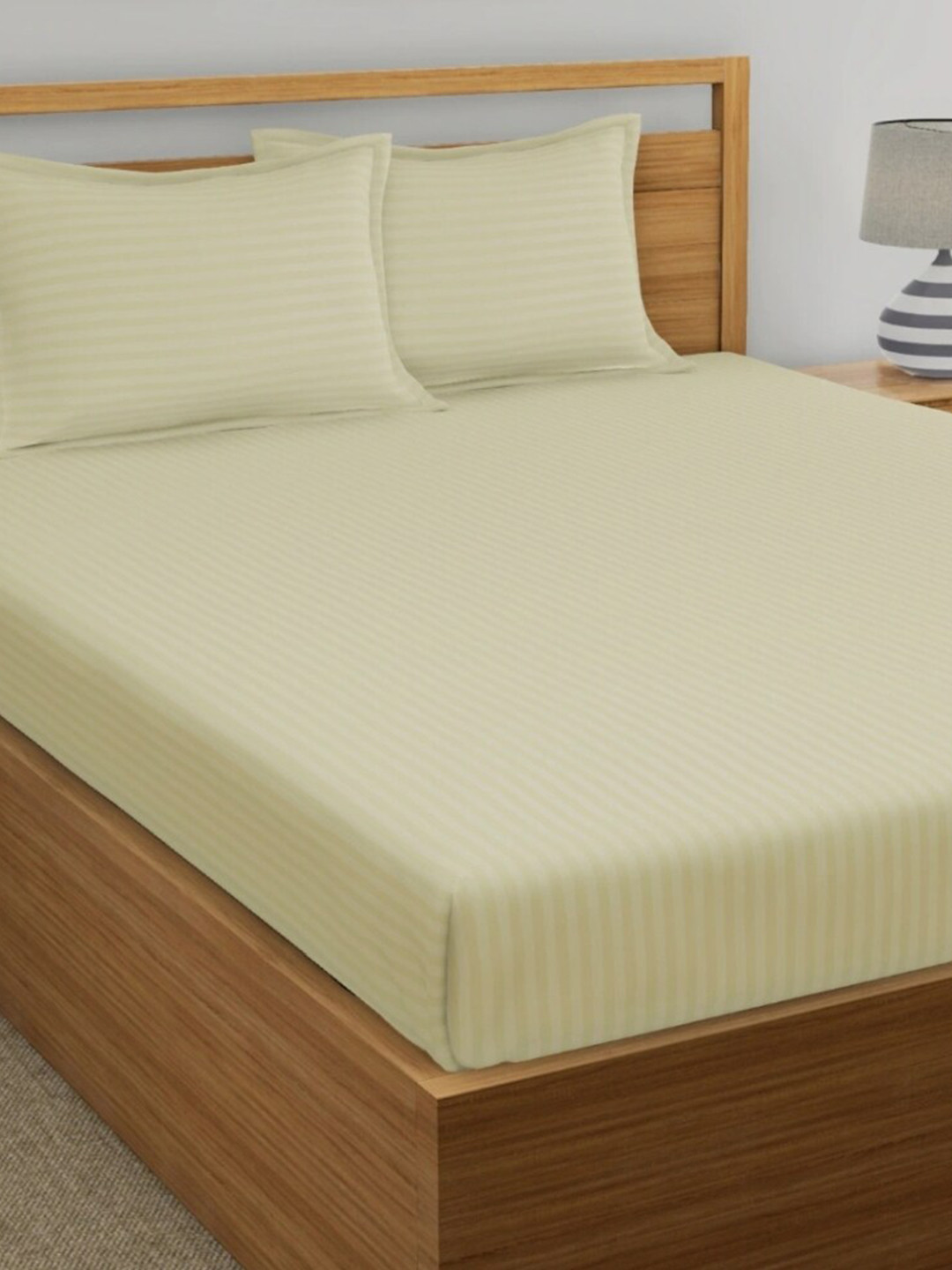 My Room Cream-Coloured Striped 300 TC Cotton 1 Queen Fitted Bedsheet with 2 Pillow Covers