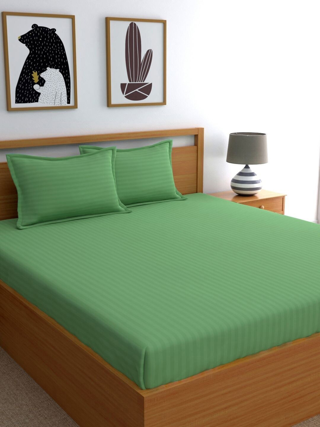 My Room Green Striped 300 TC King Bedsheet with 2 Pillow Covers