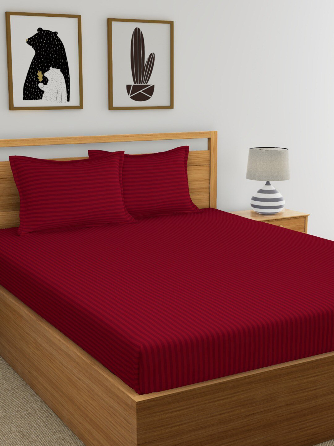 My Room Maroon Striped Pure Cotton 300 TC Fitted King Fine Bedsheet with 2 Pillow Covers-59 x 87 inches
