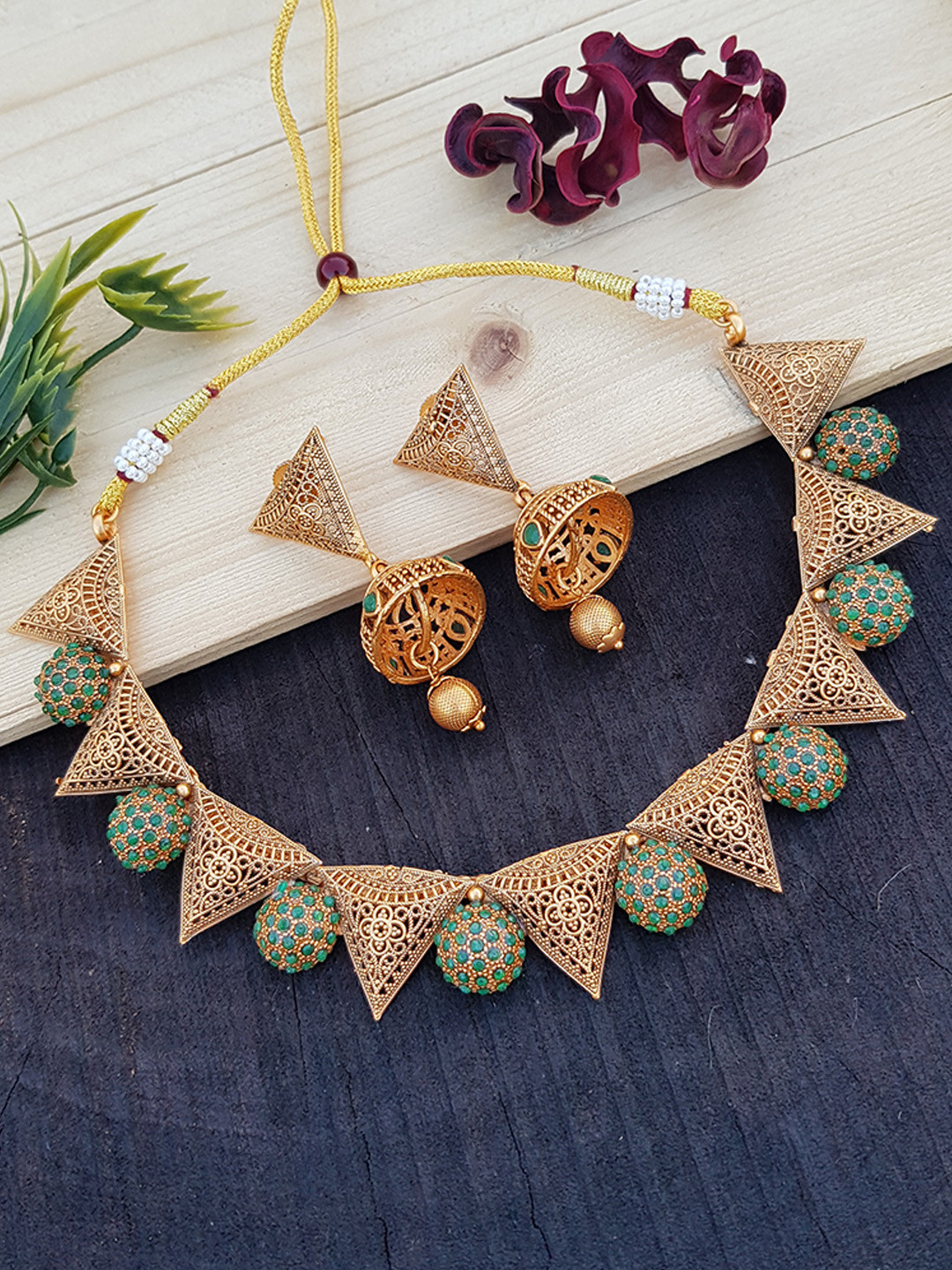 GRIIHAM Gold-Plated Green AD-Studded Jewellery Set