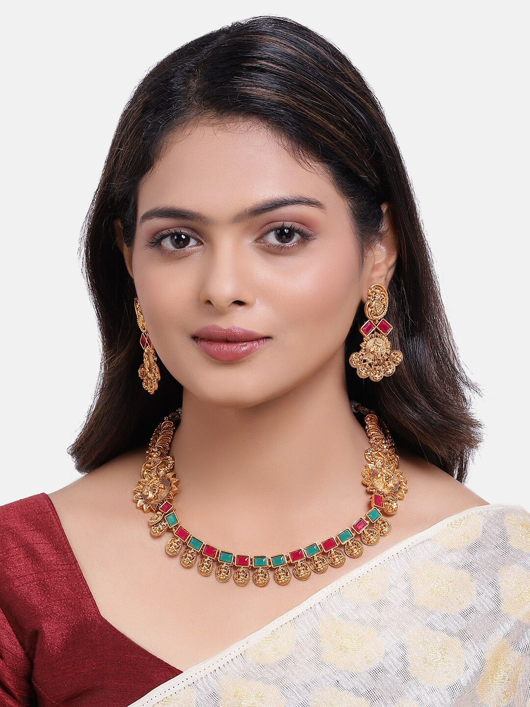 GRIIHAM Gold-Plated Red & Green AD-Studded Jewellery Set