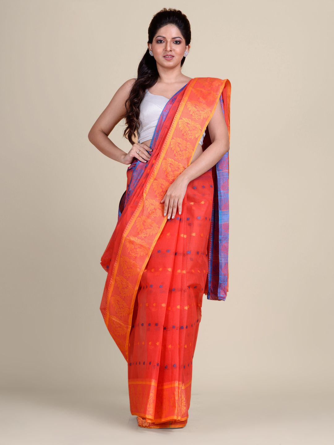 Charukriti Red & Violet Ethnic Motifs Pure Cotton Taant Saree