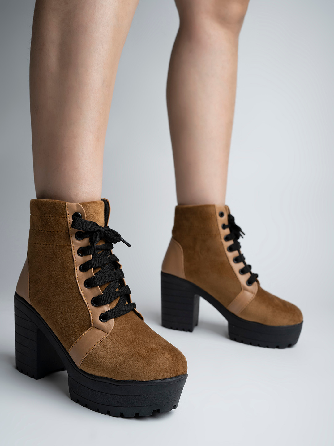 Shoetopia Tan Suede Wedge Heeled Boots