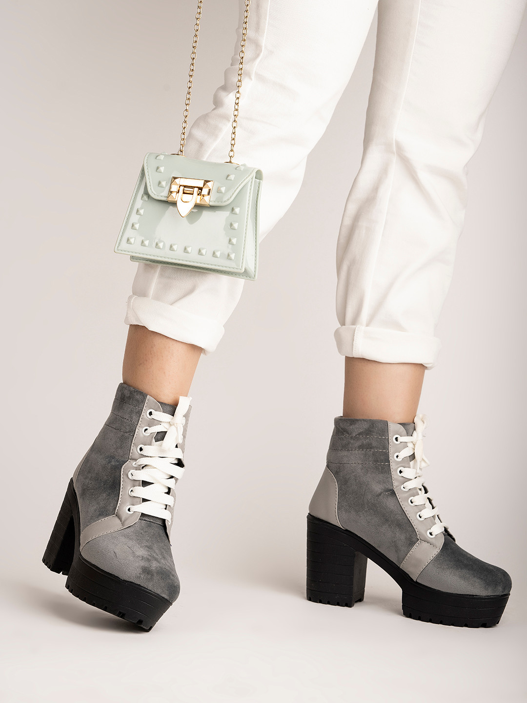 Shoetopia Grey Colourblocked Suede Block Heeled Boots with Laser Cuts