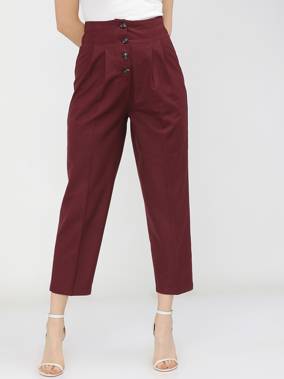 Tokyo Talkies Women Burgundy Pleated Trousers