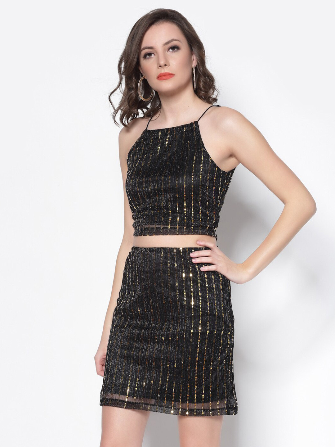 Sera Black Striped Two Piece Party Dress