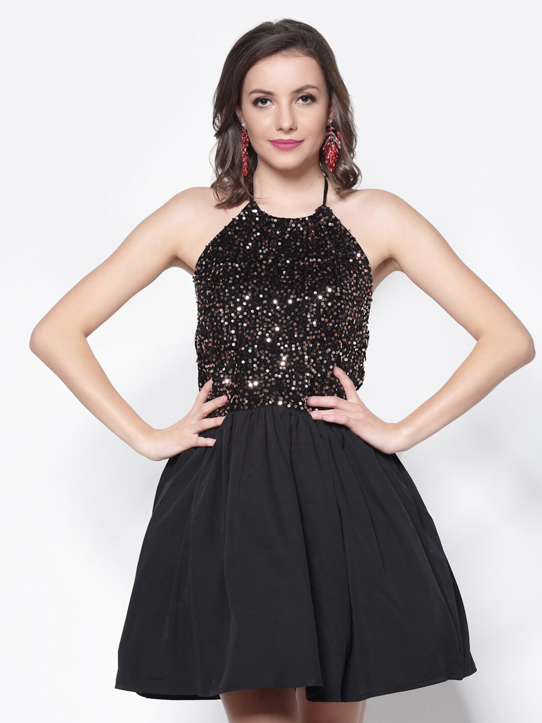 Sera Black Embellished Halter Neck Mini Dress