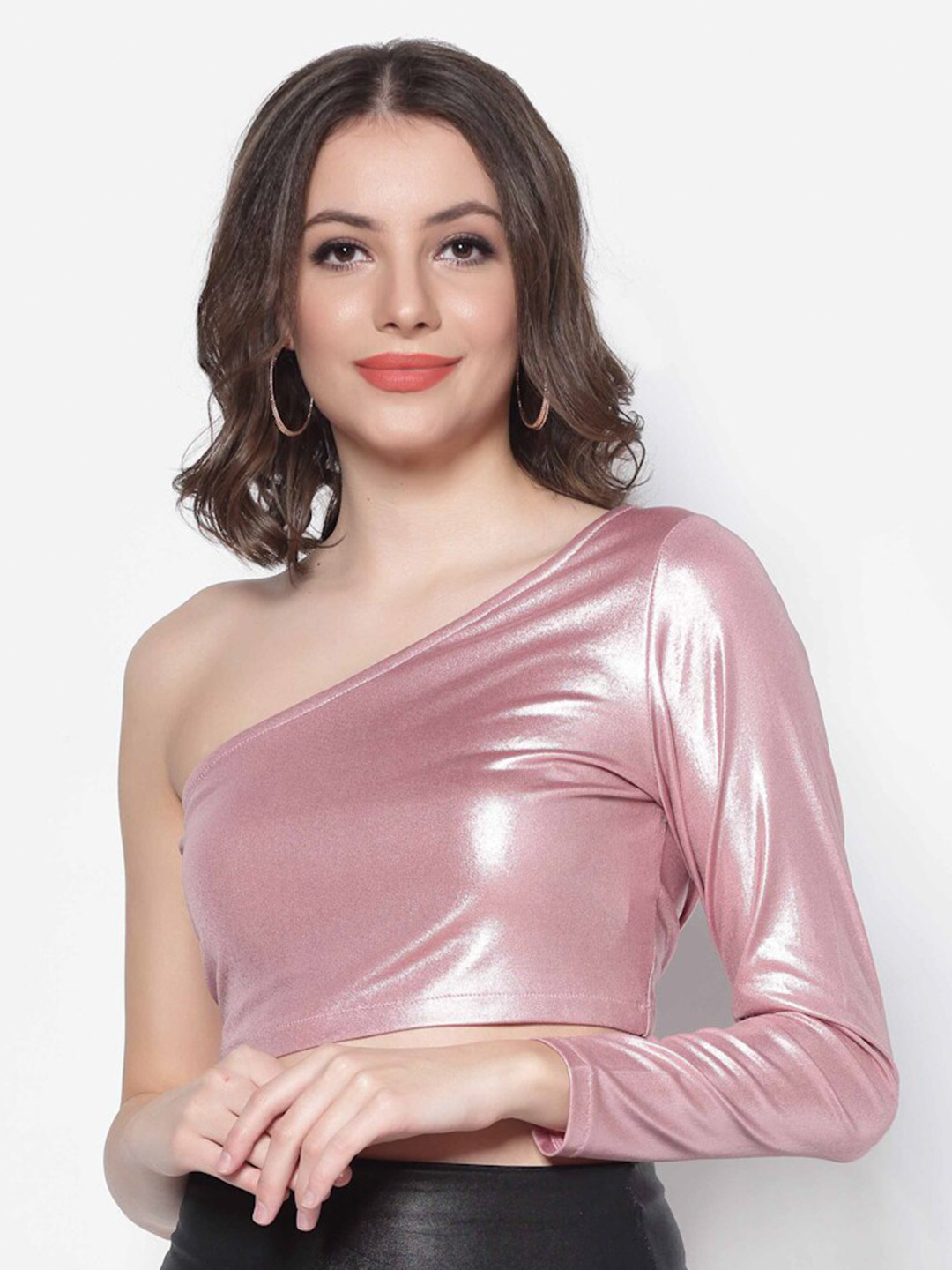 Sera Women Black  Foil Printed One Shoulder Crop Top