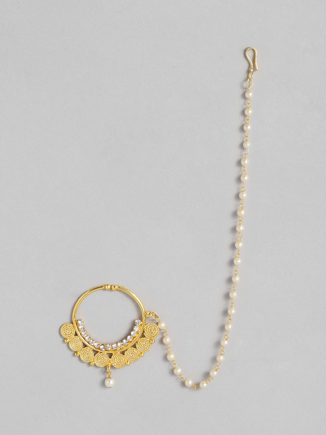 I Jewels Gold Plated Handcrafted Kundan-Studded Chained Nose Ring