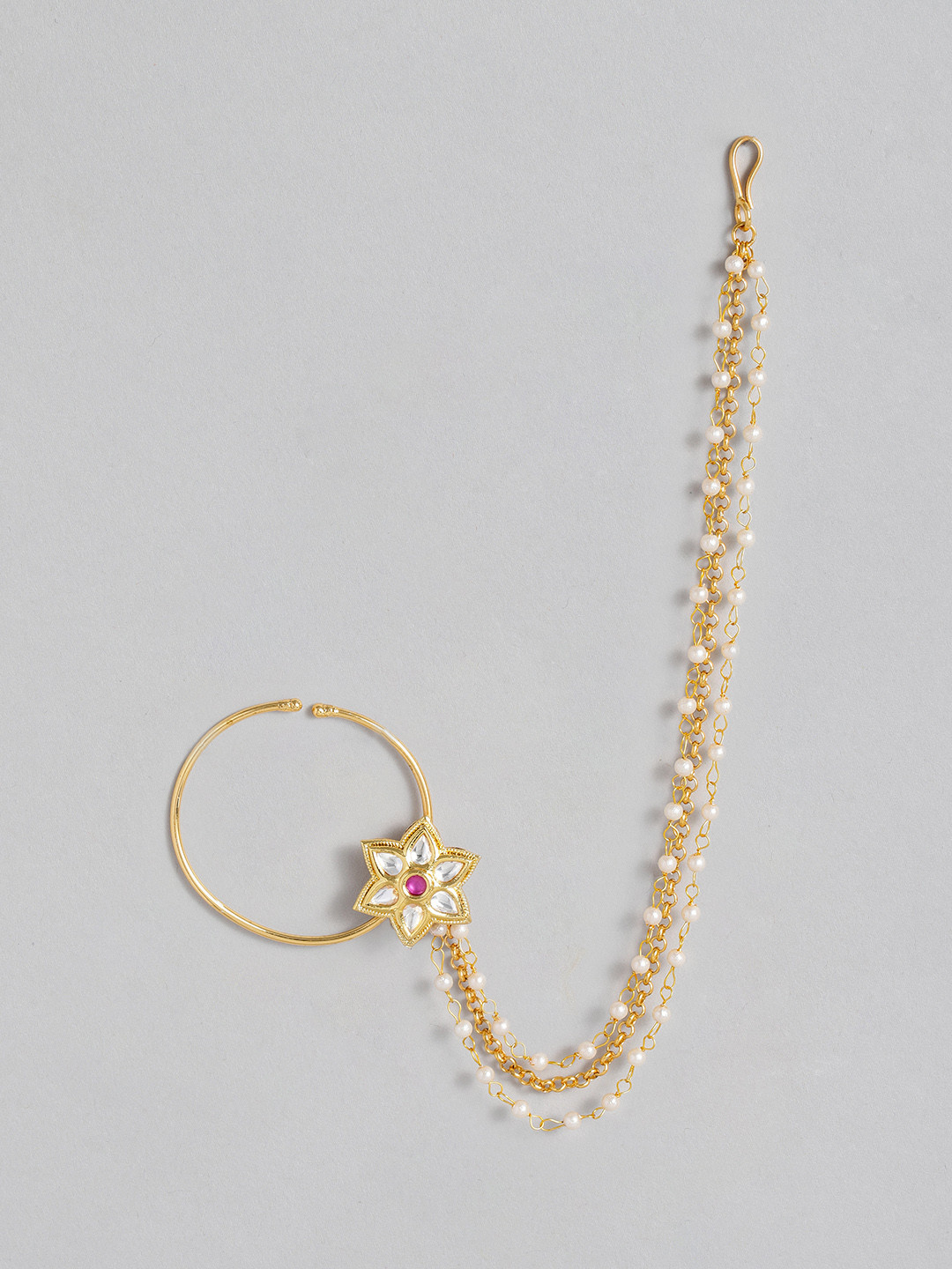 I Jewels Gold Plated Handcrafted Kundan-Studded Chained Nose Ring