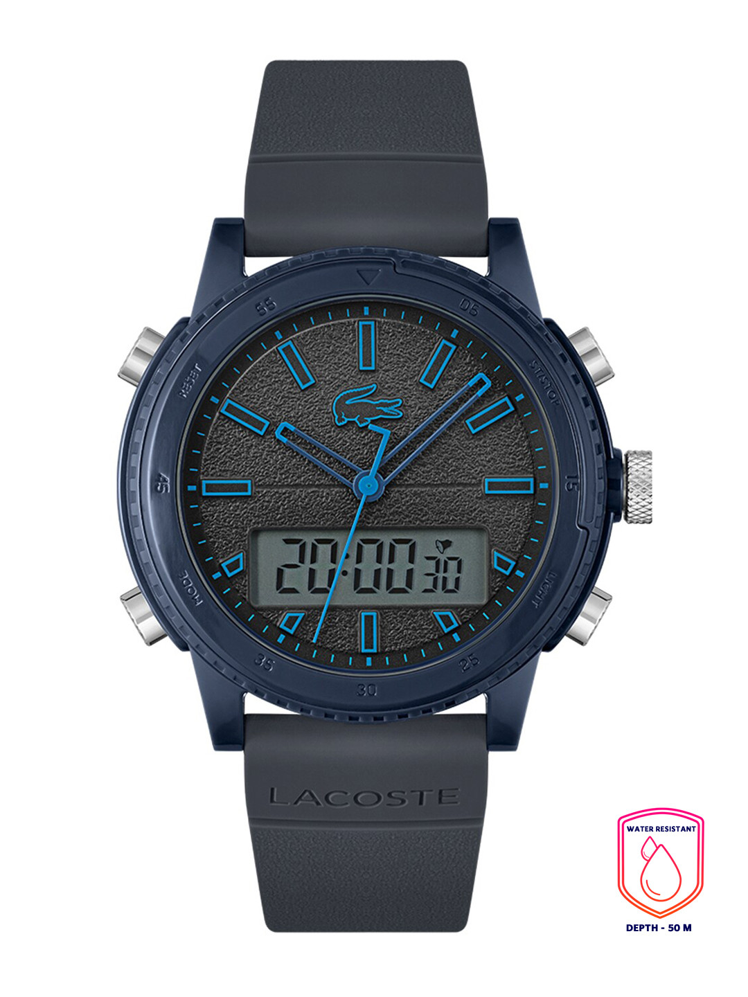 Lacoste Men Black Brass Printed Dial & Blue Straps Analogue and Digital Multi Function Watch 2011092