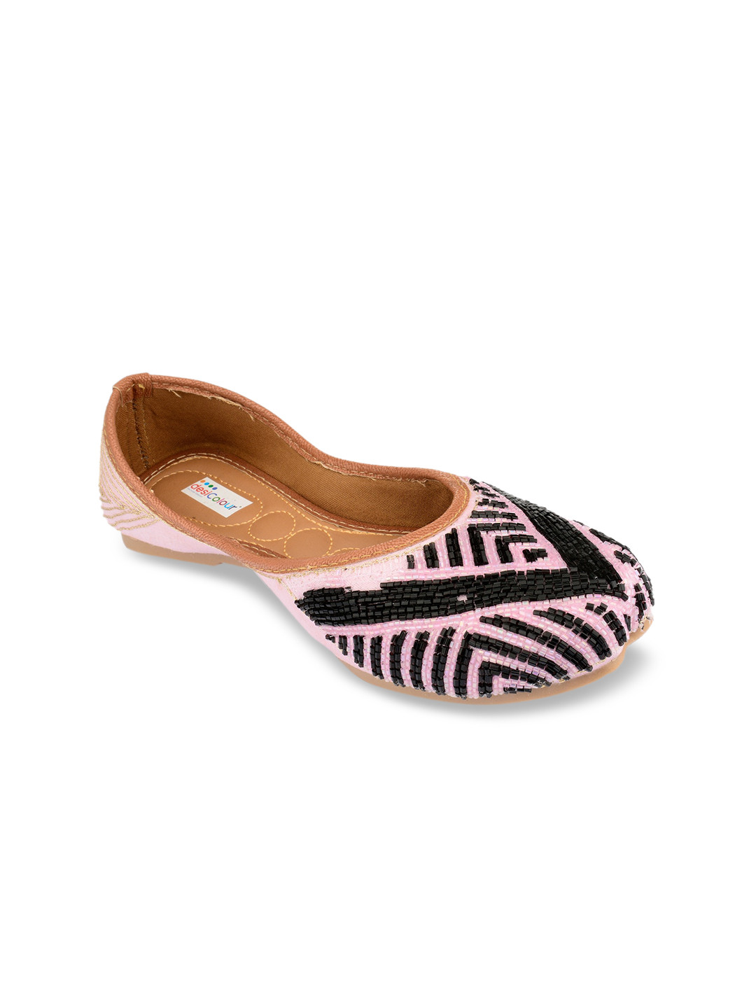 DESI COLOUR Women Pink Printed Leather Ethnic Mojaris with Laser Cuts Flats