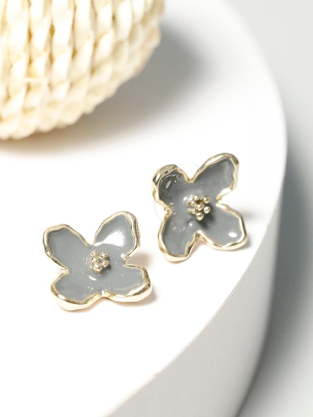 PRITA BY PRIYAASI  Grey Gold Plated Floral Studs Earrings