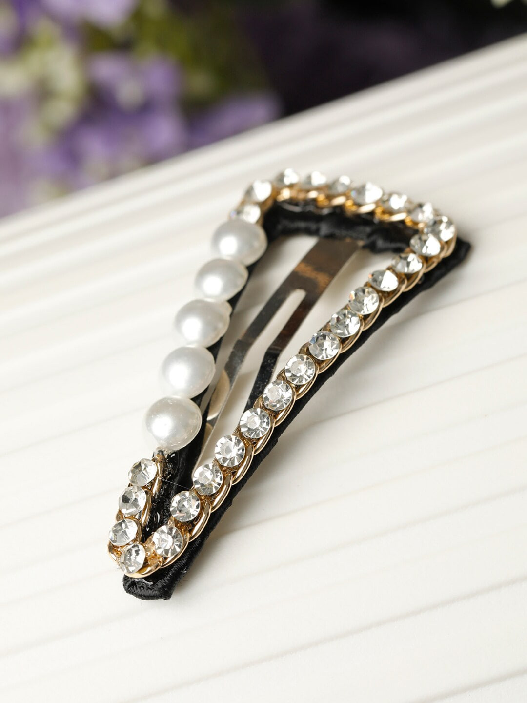 PRITA BY PRIYAASI Women Gold-Toned & White Pearl Beaded Tic Tac Hair Clip