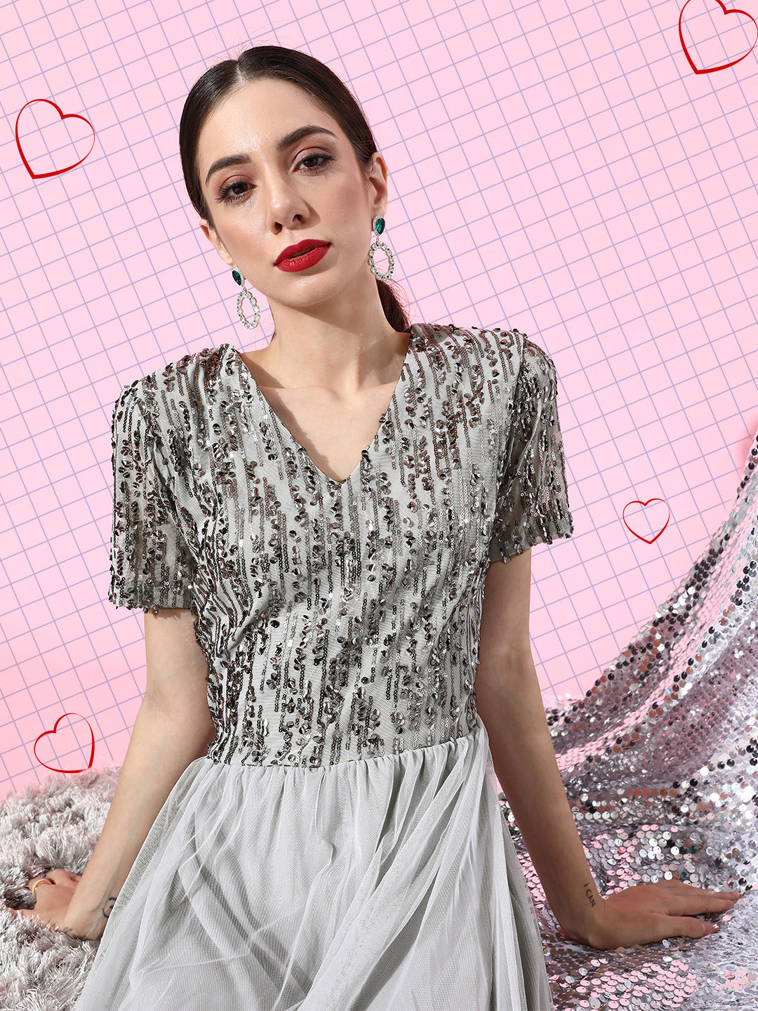 plusS Women Beautiful Grey Solid Bling and Sparkly Dress