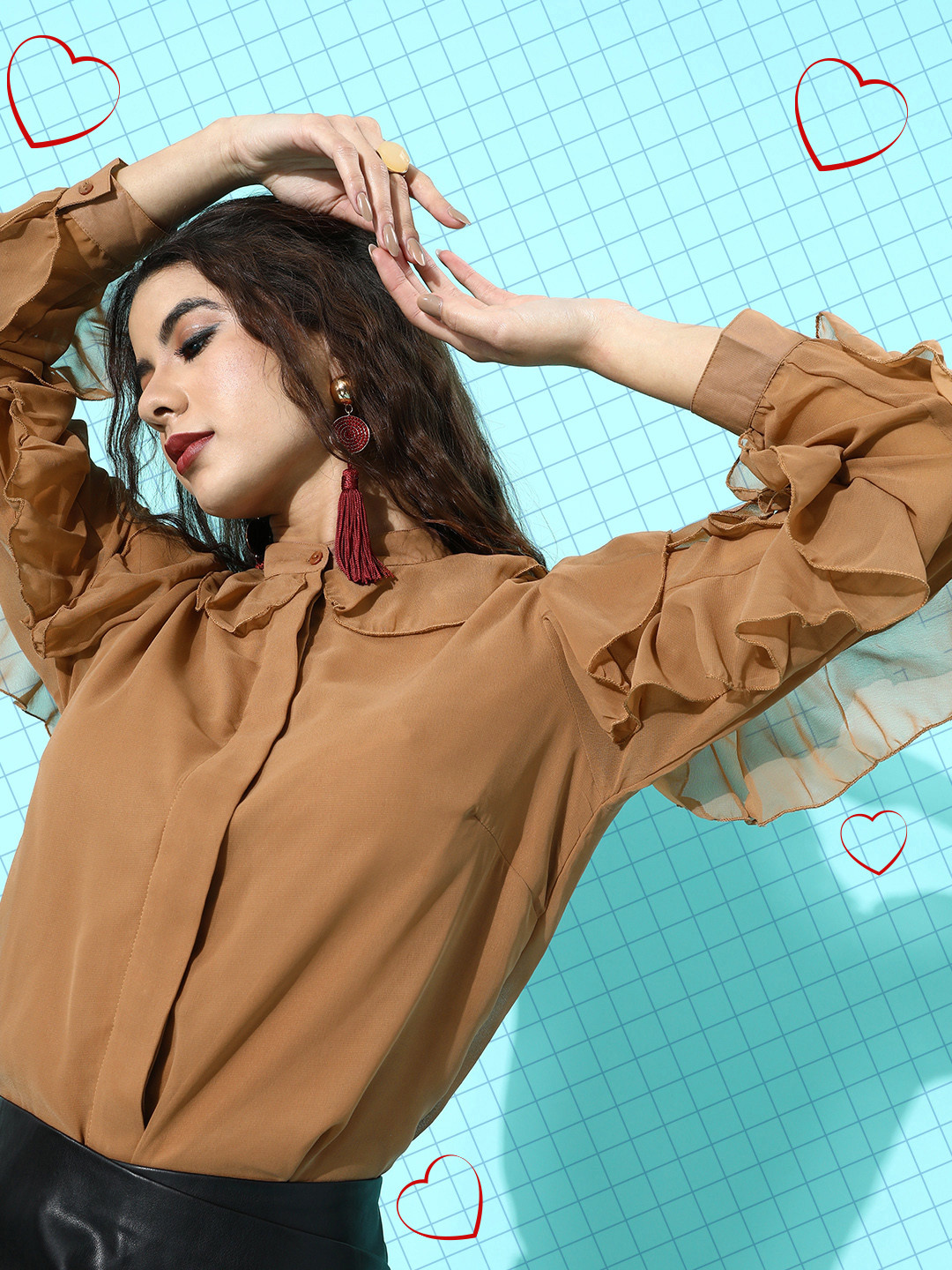 plusS Women Deep Brown Solid Ruffled Shirt