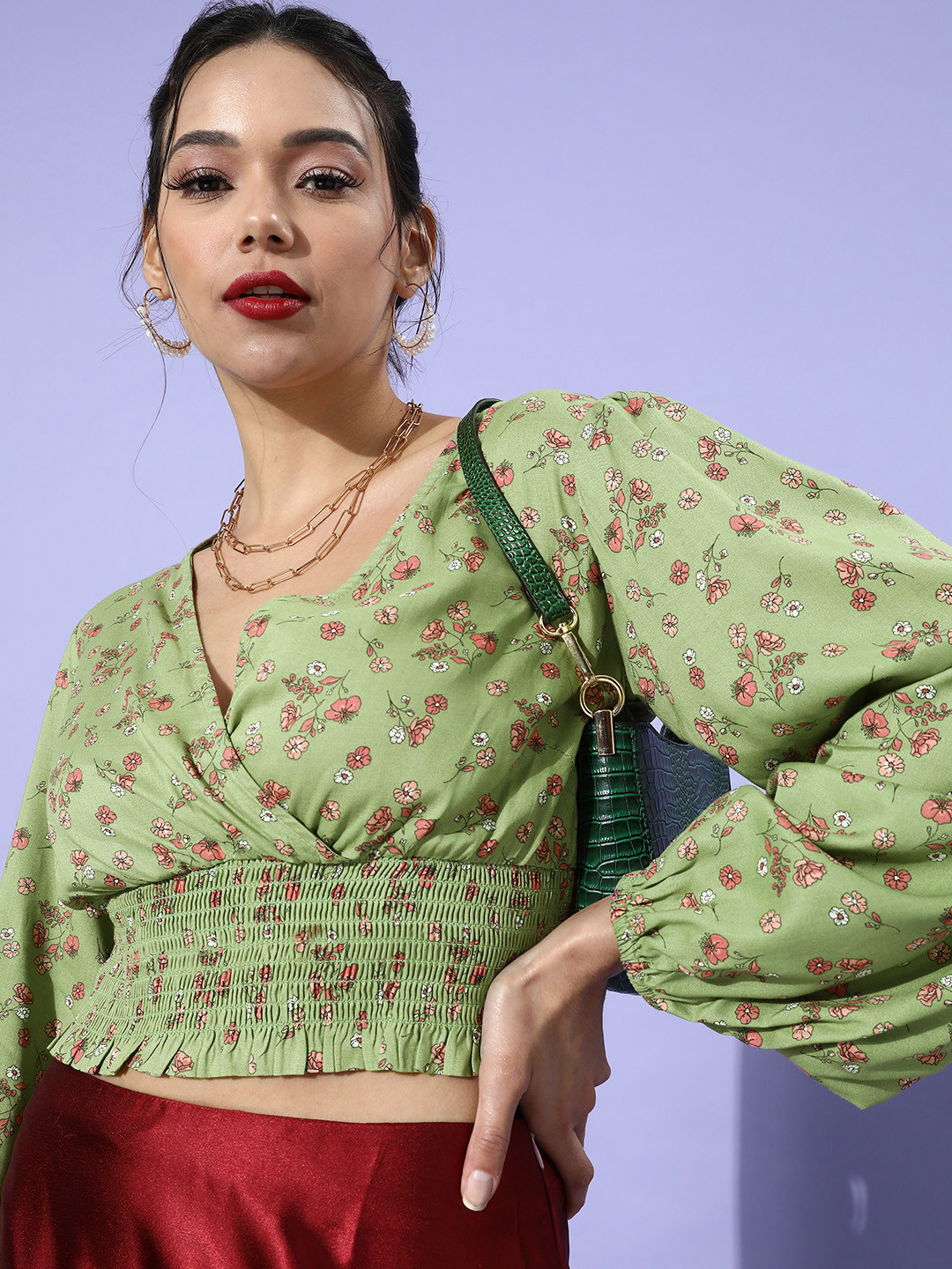 plusS Women Gorgeous Green Floral Smocked Top
